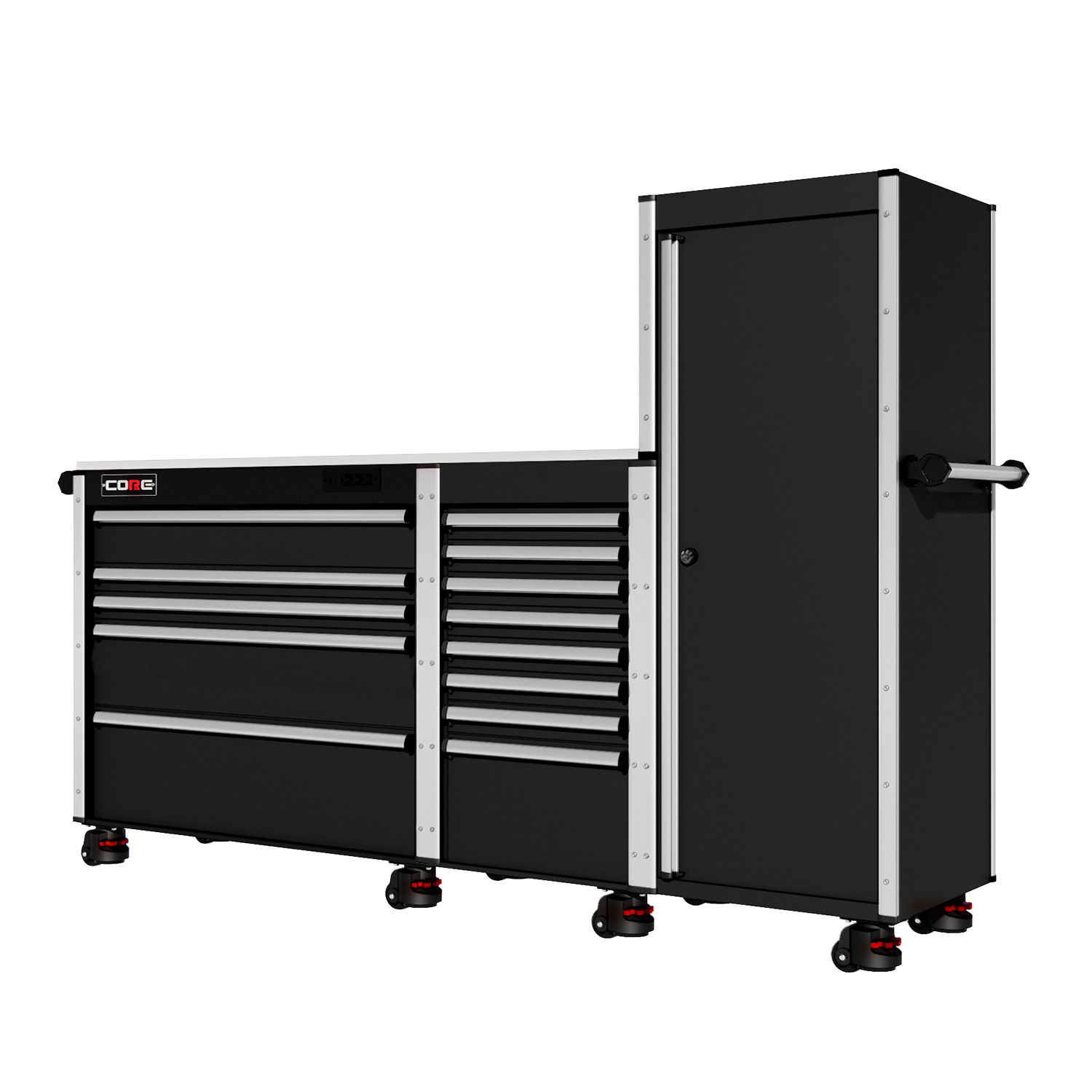 88 Series - 13 Drawers with Tall Locker - Silver Handles - Foot Casters