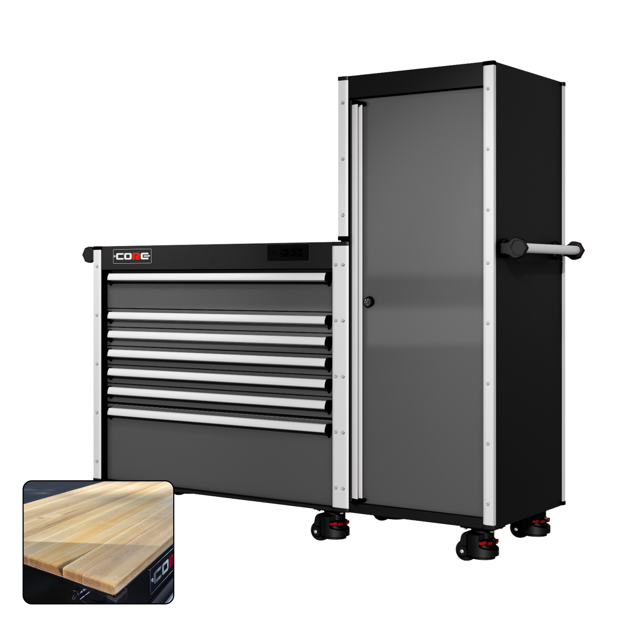 66 Series - 7 Drawers and Tall Locker - Silver Handles - Foot Casters