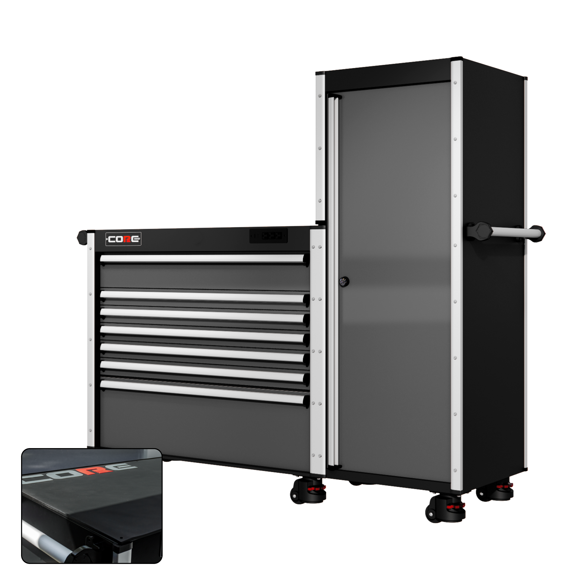 66 Series - 7 Drawers and Tall Locker - Silver Handles - Foot Casters