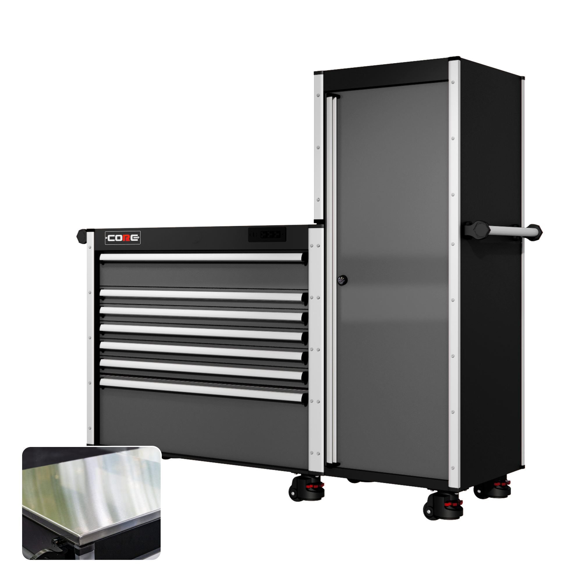 66 Series - 7 Drawers and Tall Locker - Silver Handles - Foot Casters
