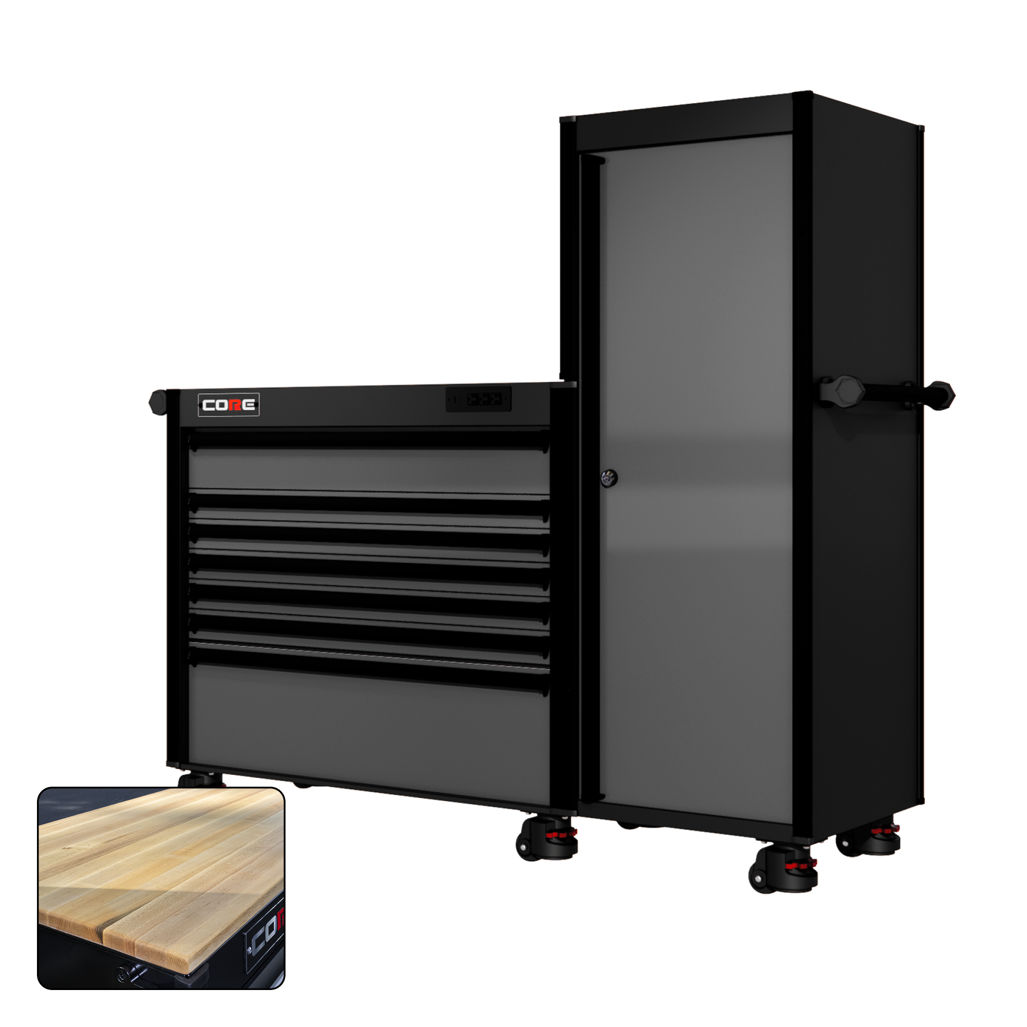 66 Series - 7 Drawers and Tall Locker - Black Handles - Foot Casters