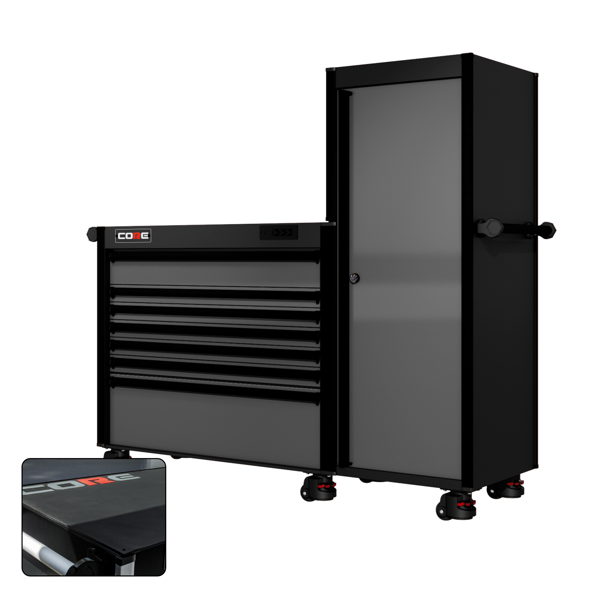 66 Series - 7 Drawers and Tall Locker - Black Handles - Foot Casters