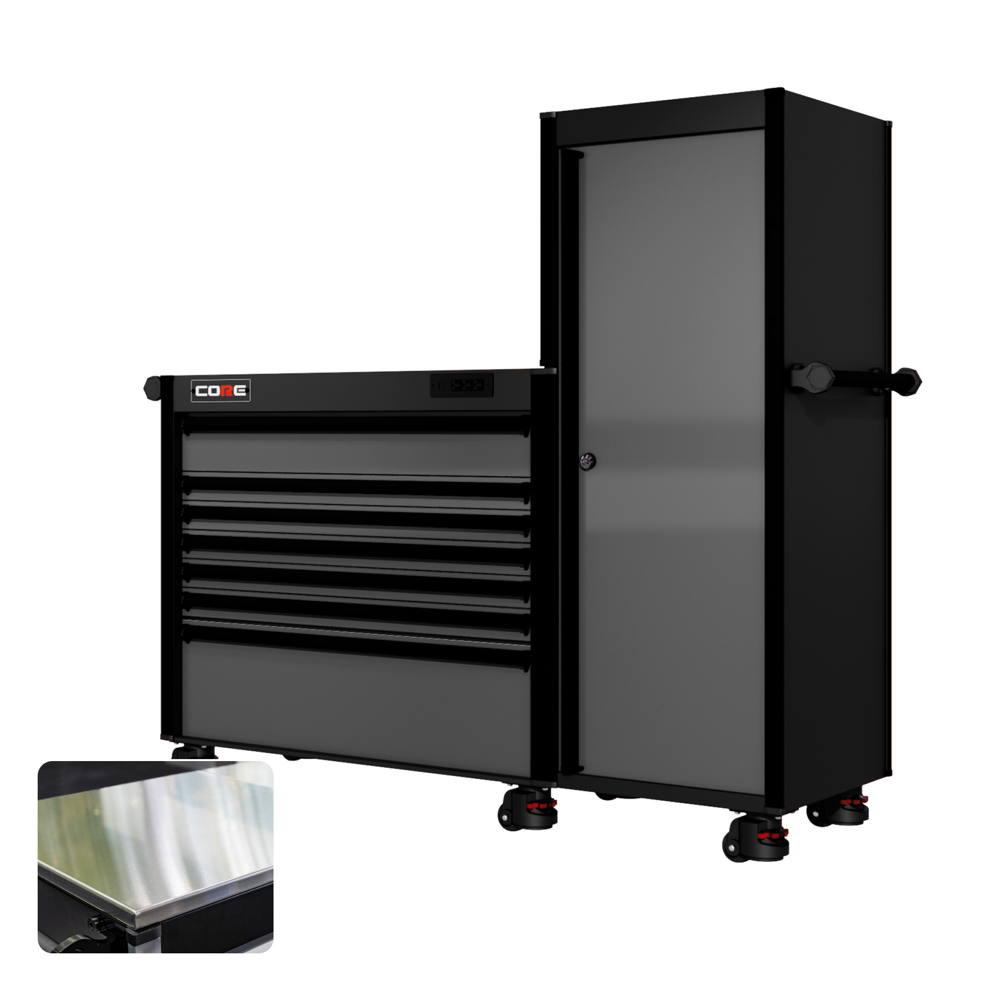 66 Series - 7 Drawers and Tall Locker - Black Handles - Foot Casters