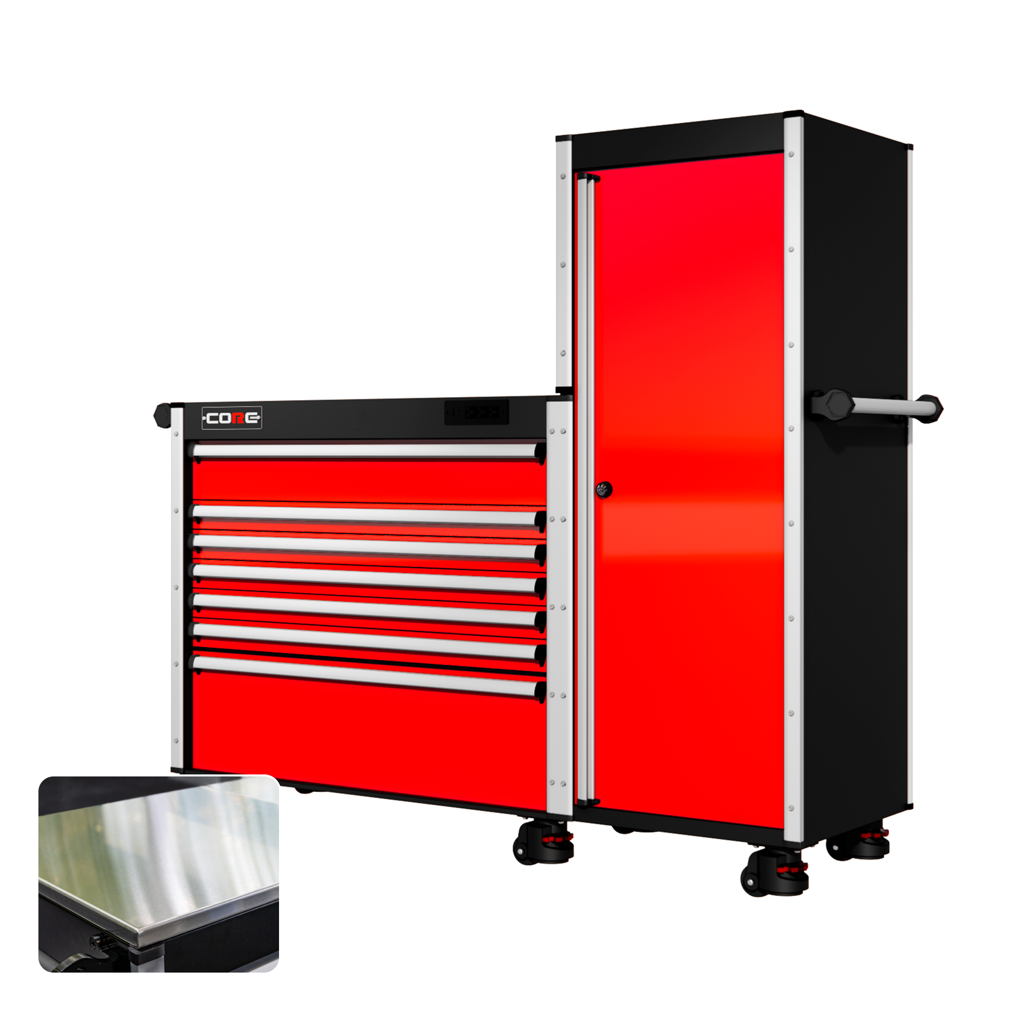 66 Series - 7 Drawers and Tall Locker - Silver Handles - Foot Casters