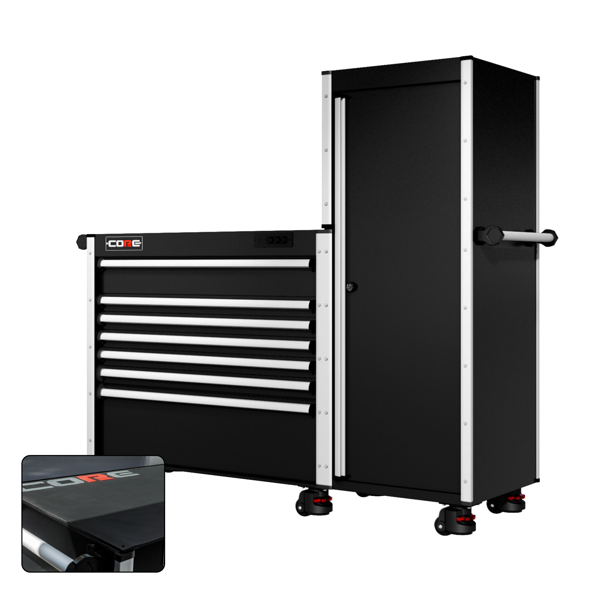 66 Series - 7 Drawers and Tall Locker - Silver Handles - Foot Casters