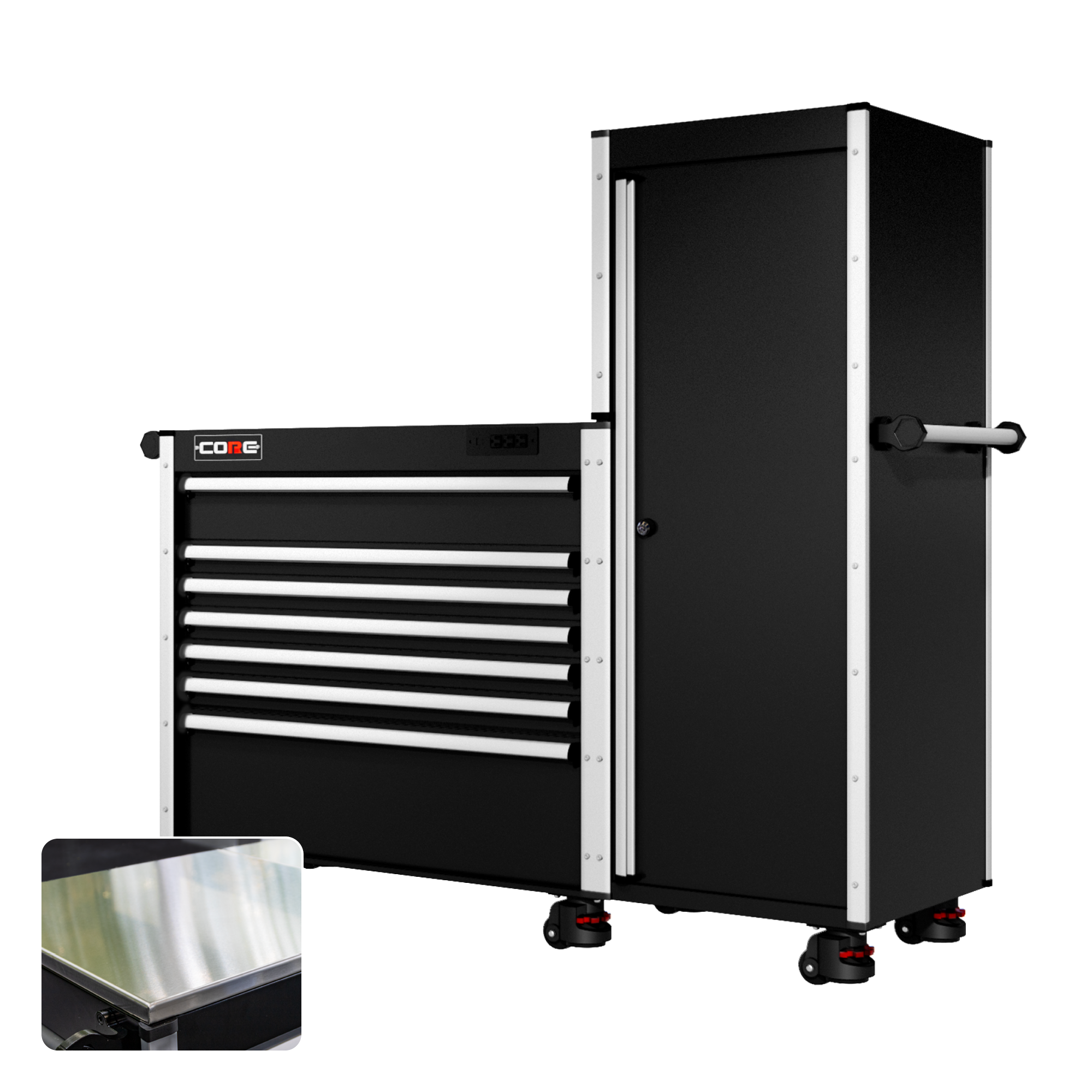 66 Series - 7 Drawers and Tall Locker - Silver Handles - Foot Casters