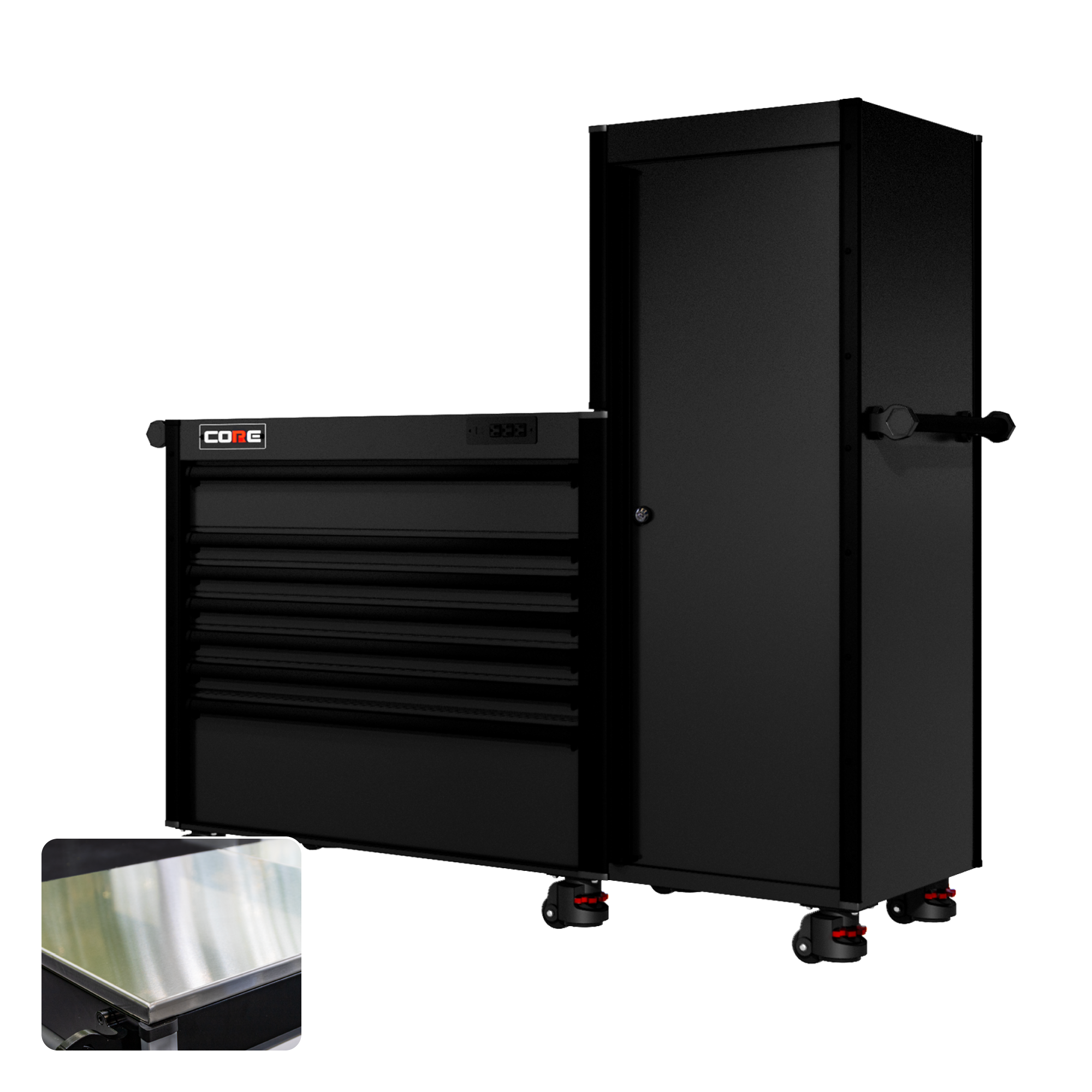 66 Series - 7 Drawers and Tall Locker - Black Handles - Foot Casters