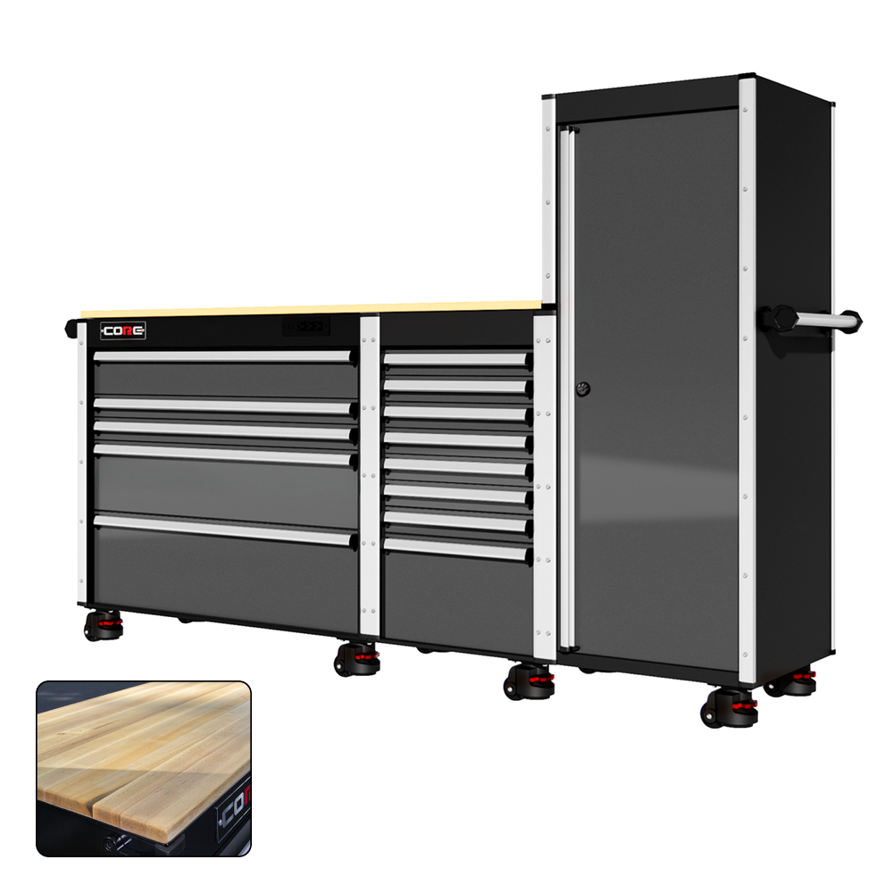 88 Series - 13 Drawers with Tall Locker - Silver Handles - Foot Casters