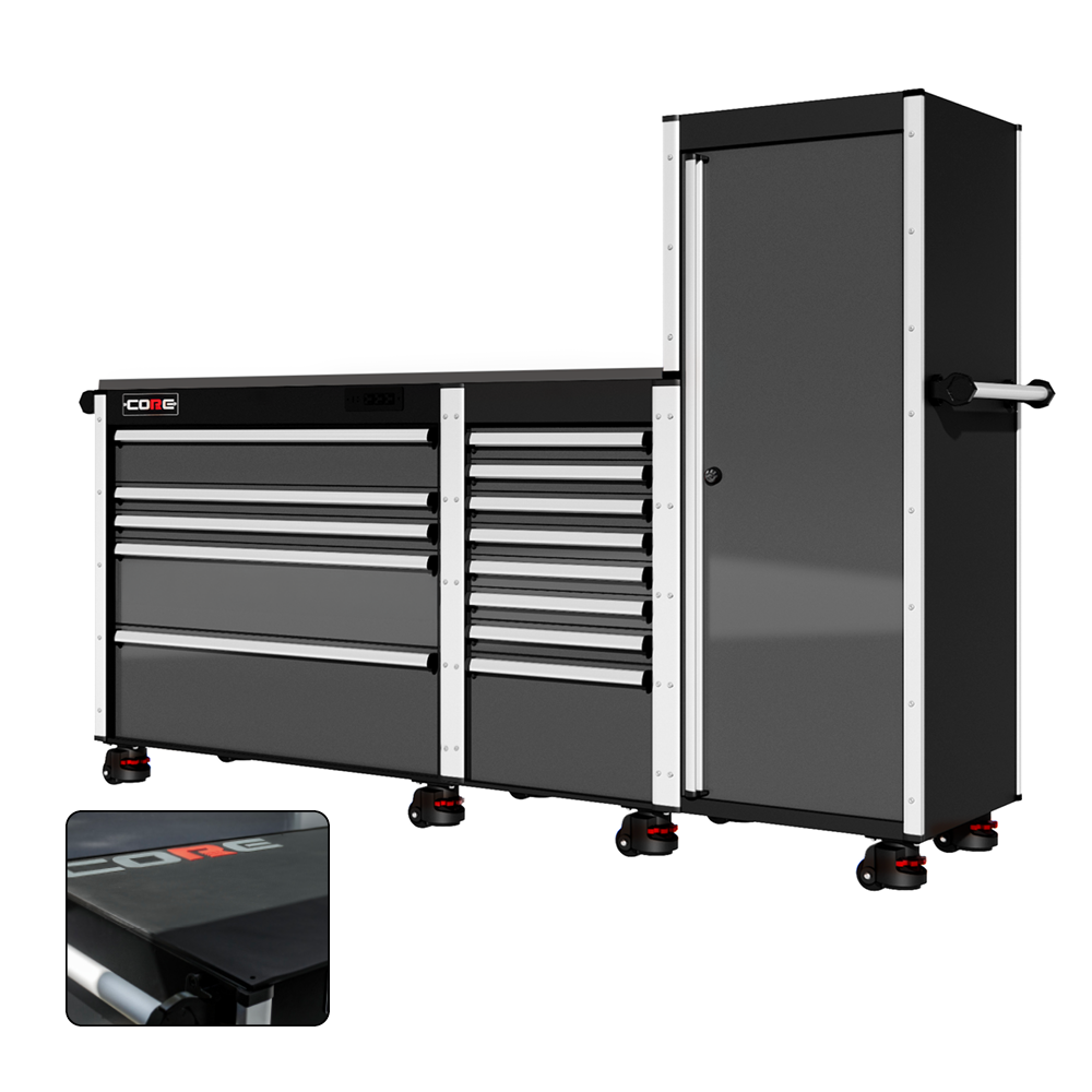 88 Series - 13 Drawers with Tall Locker - Silver Handles - Foot Casters