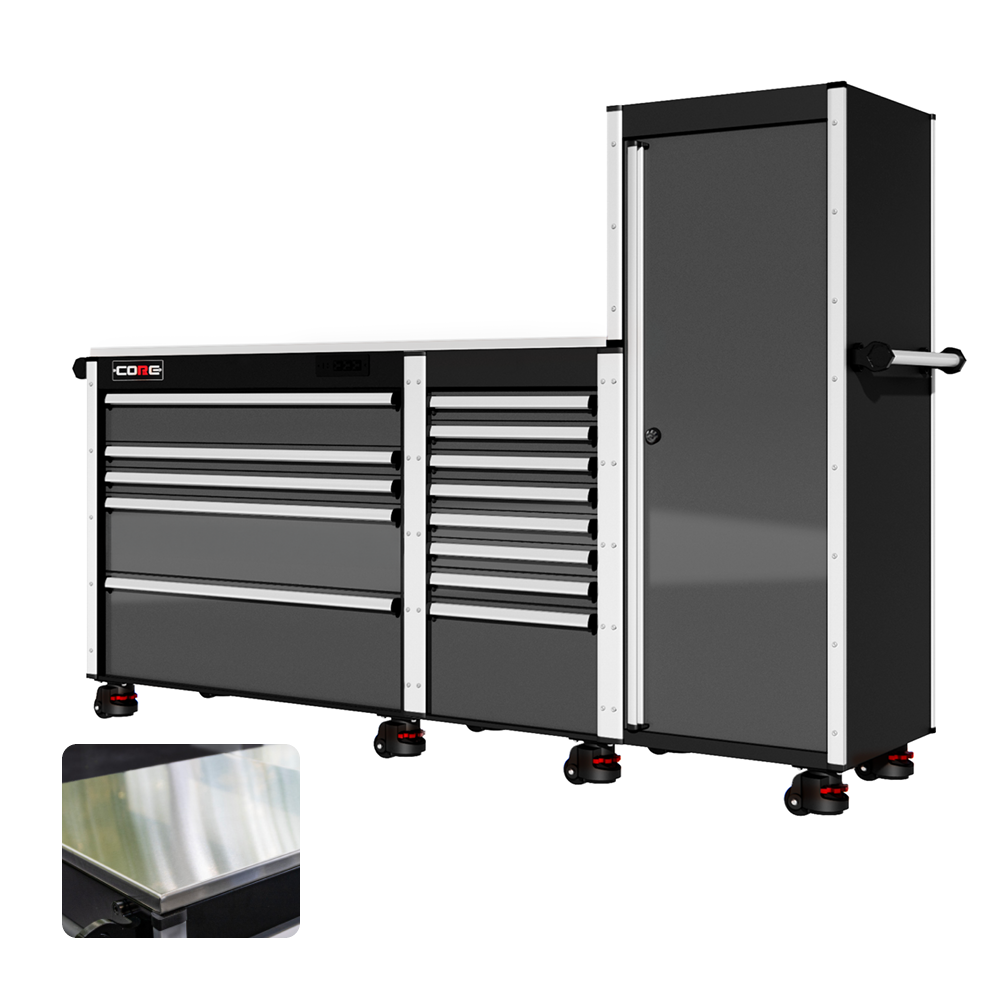 88 Series - 13 Drawers with Tall Locker - Silver Handles - Foot Casters