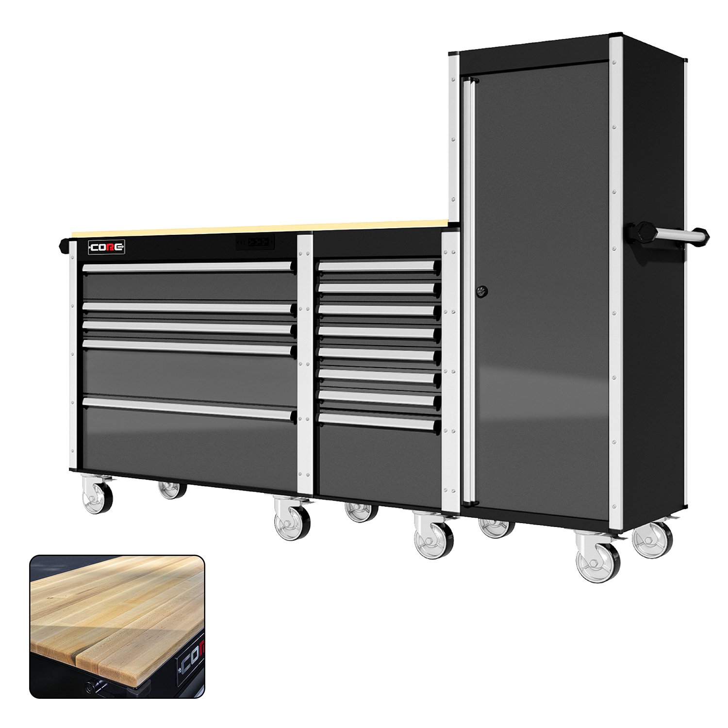 88 Series - 13 Drawers with Tall Locker - Silver Handles - Traditional Casters