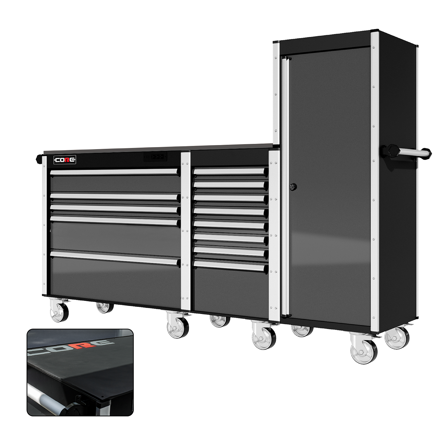 88 Series - 13 Drawers with Tall Locker - Silver Handles - Traditional Casters