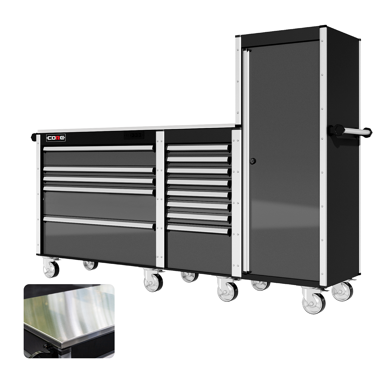 88 Series - 13 Drawers with Tall Locker - Silver Handles - Traditional Casters