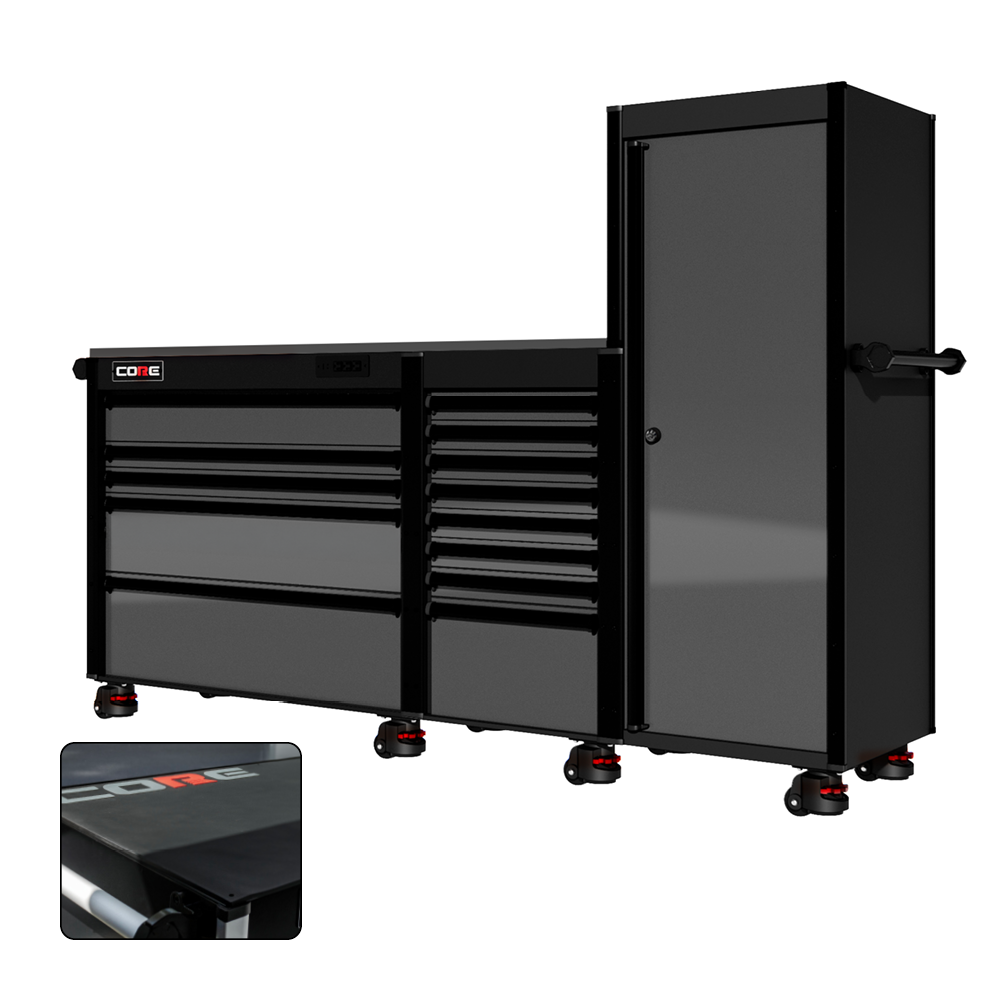 88 Series - 13 Drawers with Tall Locker - Black Handles - Foot Casters