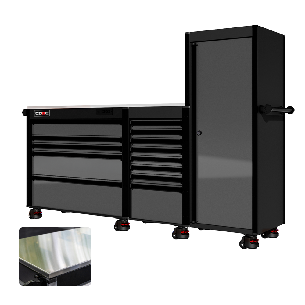 88 Series - 13 Drawers with Tall Locker - Black Handles - Foot Casters