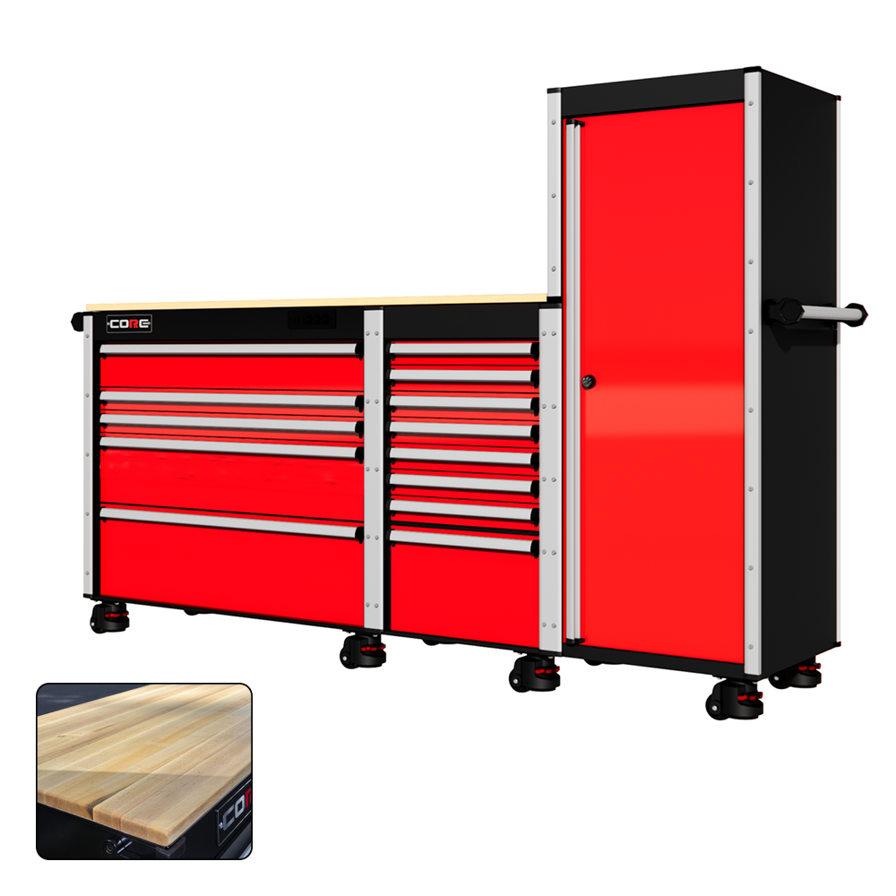 88 Series - 13 Drawers with Tall Locker - Silver Handles - Foot Casters