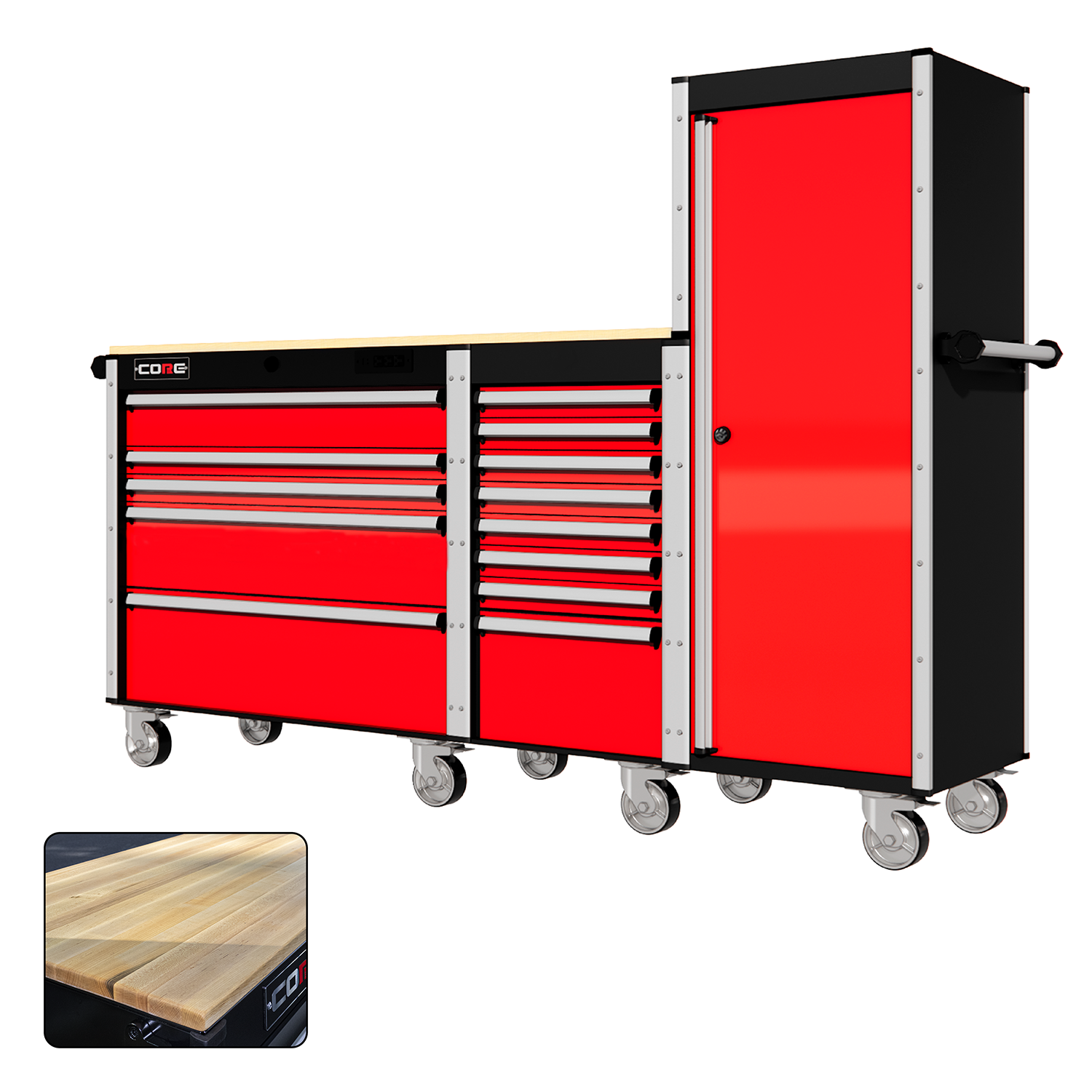 88 Series - 13 Drawers with Tall Locker - Silver Handles - Traditional Casters