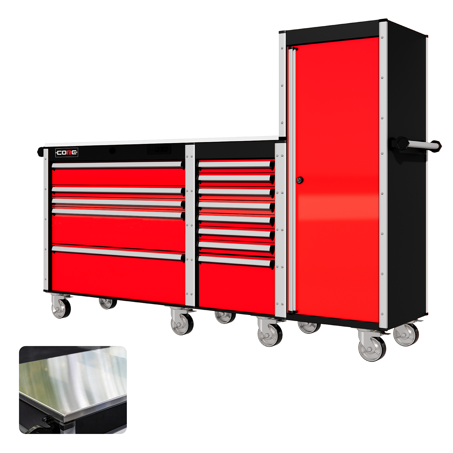 88 Series - 13 Drawers with Tall Locker - Silver Handles - Traditional Casters