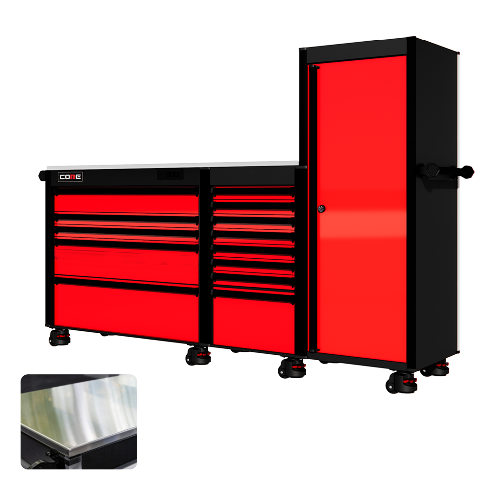 88 Series - 13 Drawers with Tall Locker - Black Handles - Foot Casters