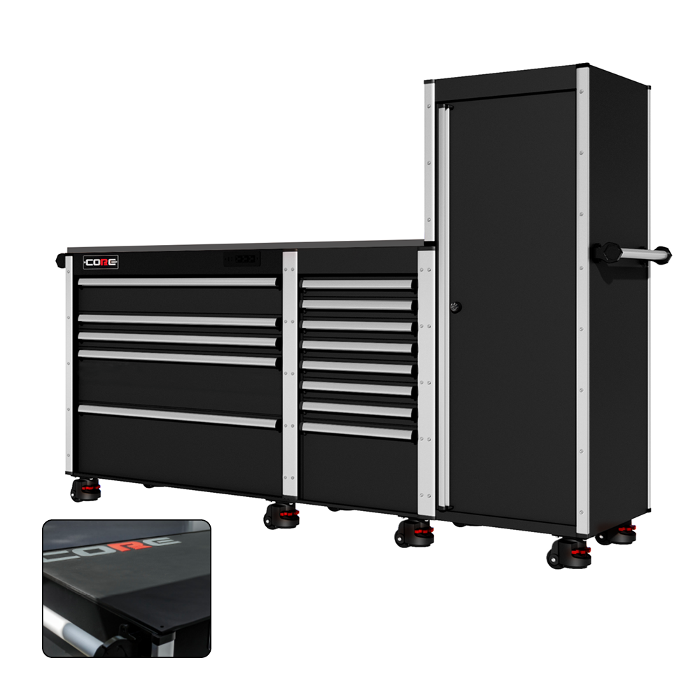88 Series - 13 Drawers with Tall Locker - Silver Handles - Foot Casters