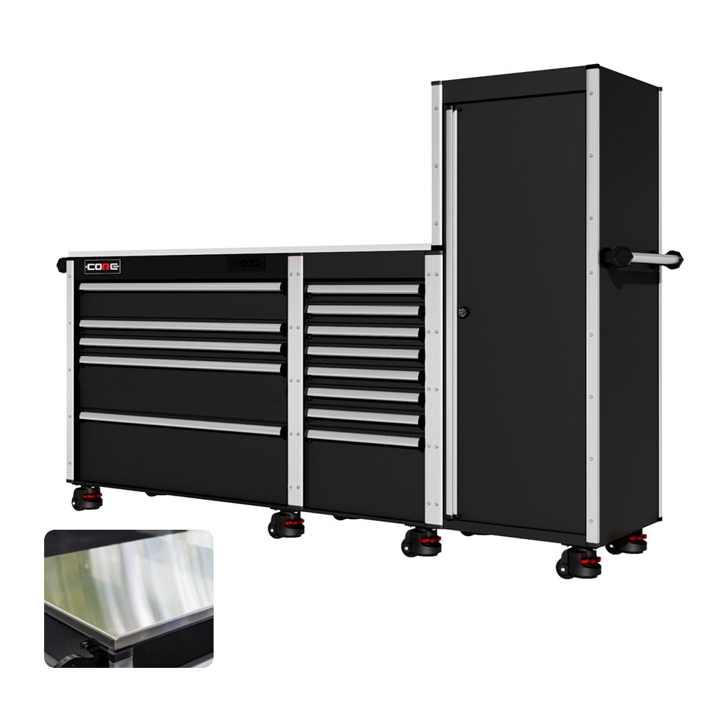 88 Series - 13 Drawers with Tall Locker - Silver Handles - Foot Casters