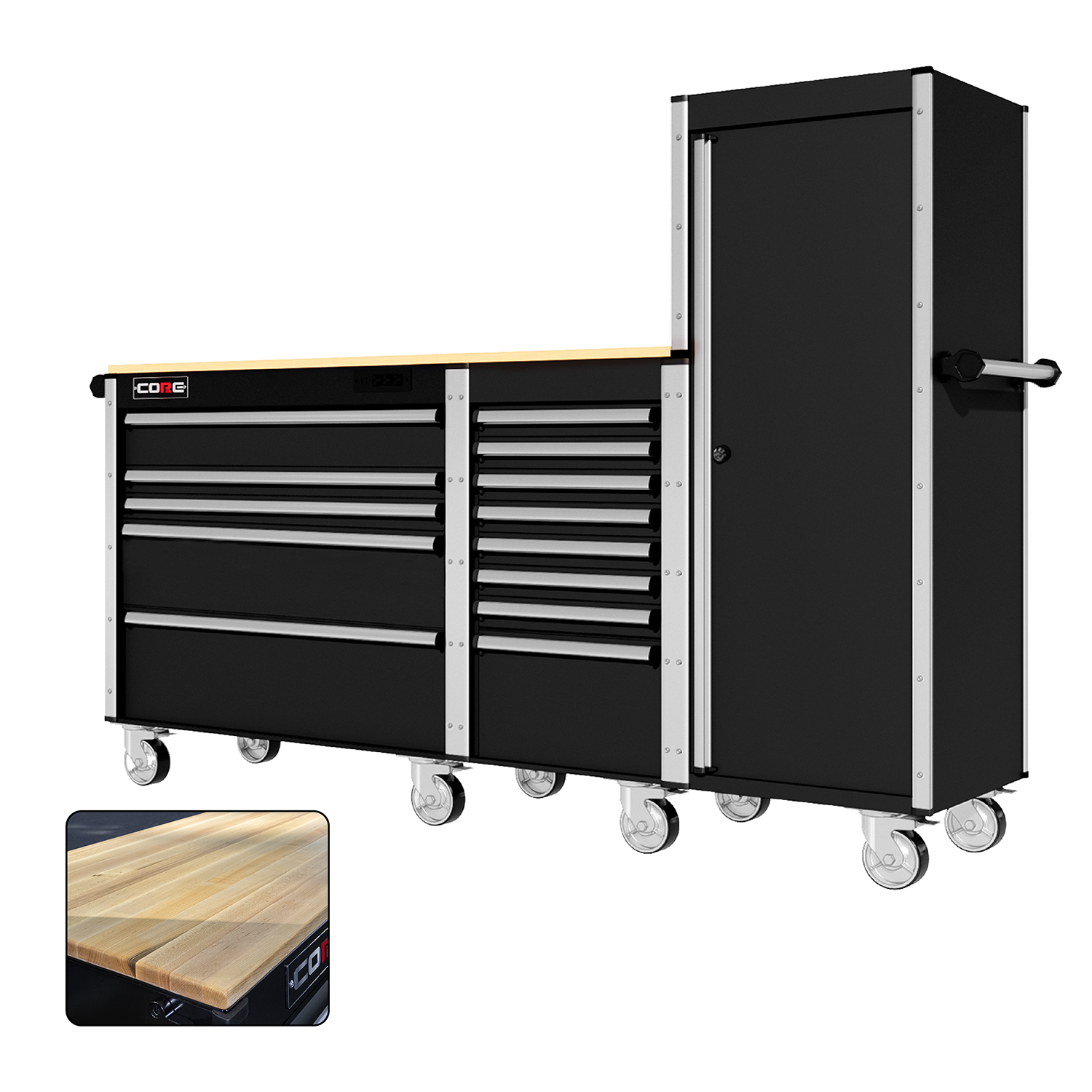 88 Series - 13 Drawers with Tall Locker - Silver Handles - Traditional Casters