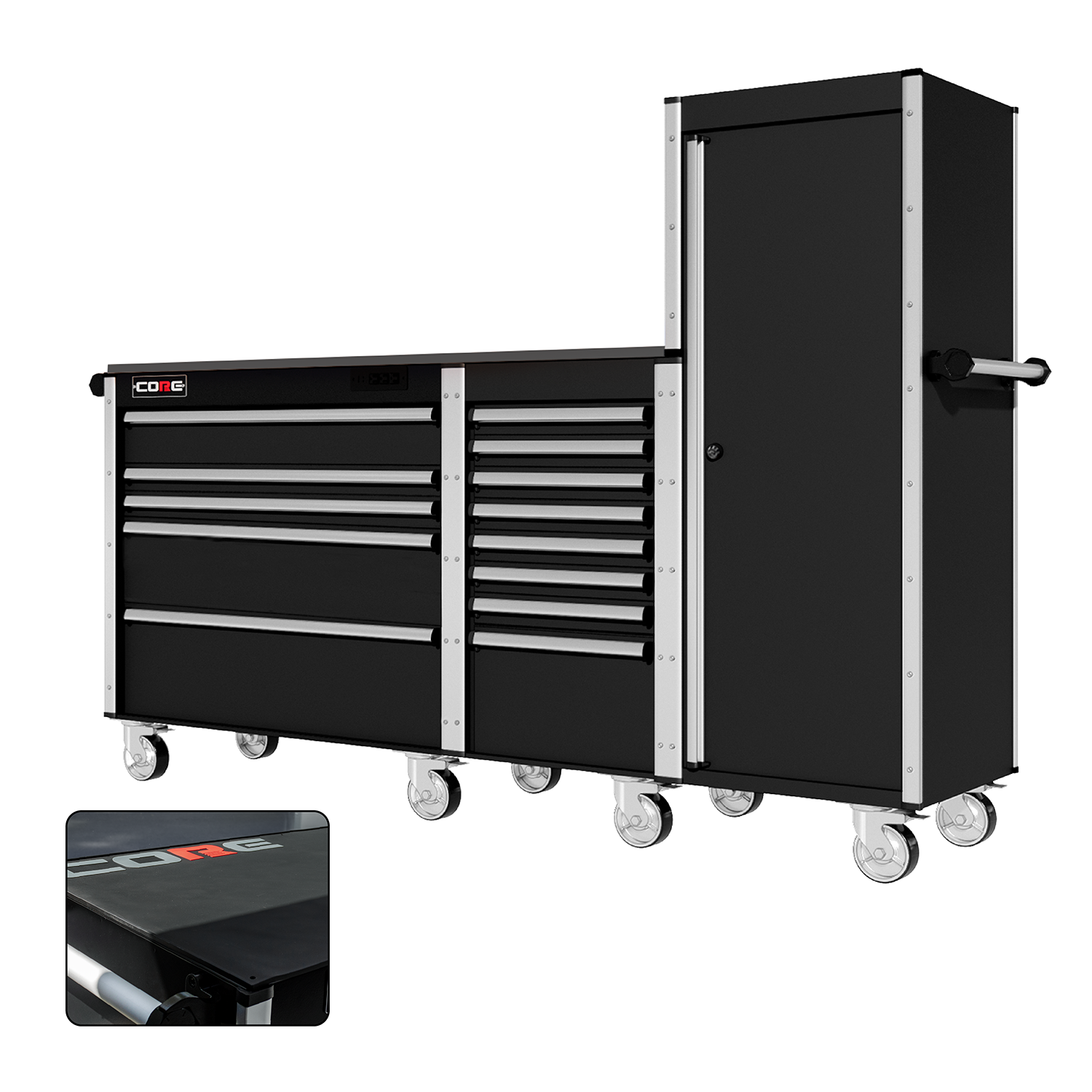 88 Series - 13 Drawers with Tall Locker - Silver Handles - Traditional Casters