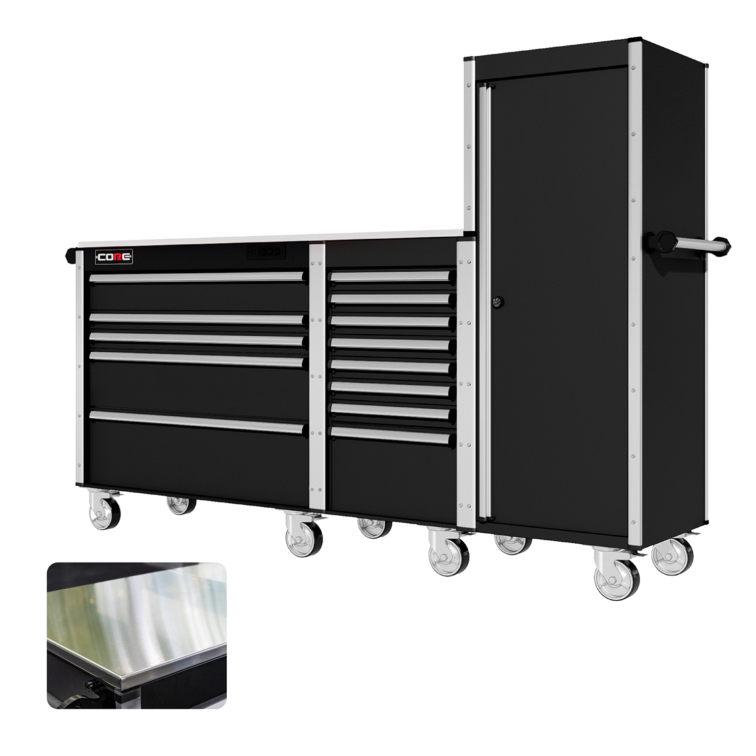 88 Series - 13 Drawers with Tall Locker - Silver Handles - Traditional Casters