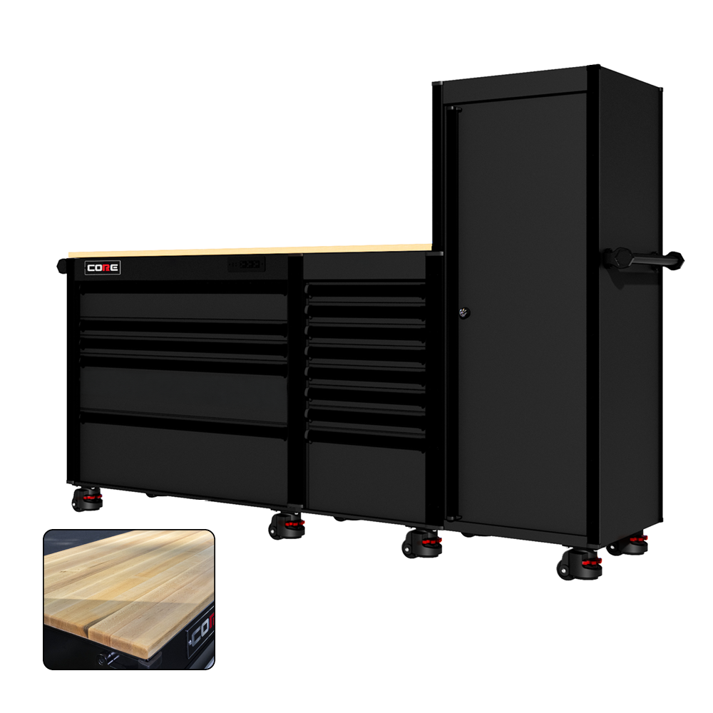 88 Series - 13 Drawers with Tall Locker - Black Handles - Foot Casters
