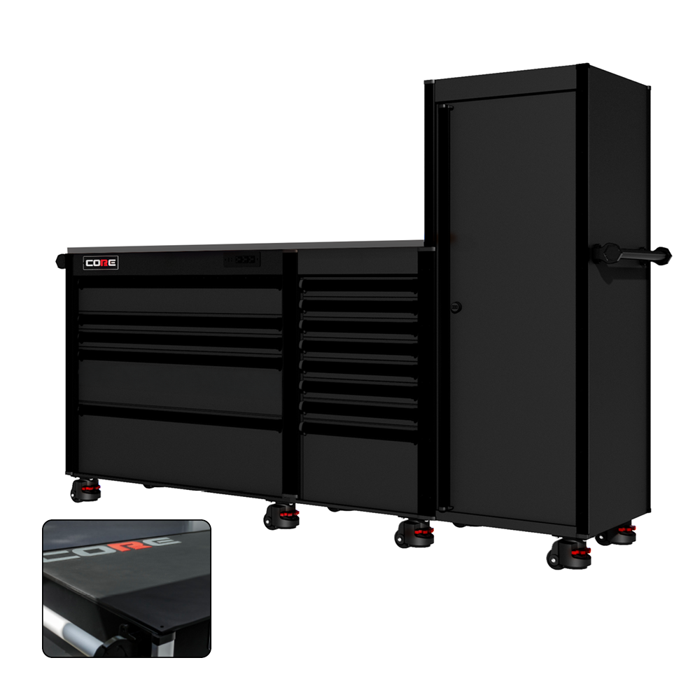 88 Series - 13 Drawers with Tall Locker - Black Handles - Foot Casters