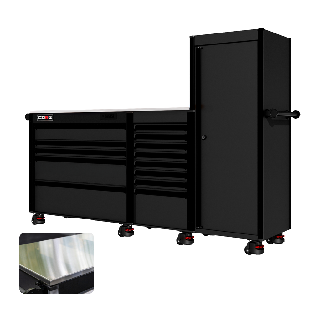 88 Series - 13 Drawers with Tall Locker - Black Handles - Foot Casters